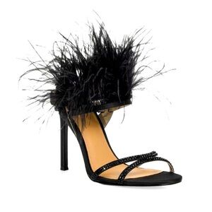 Browns strappy satin heels, 7M, ostrich feathers open toe rhinestones Party NEW